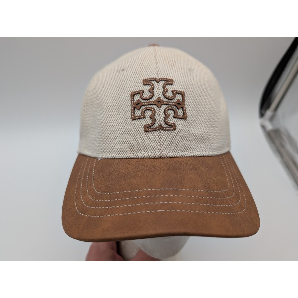 Tory Burch Canvas Baseball Cap Cream Brown Double T Logo Adjustable Hat